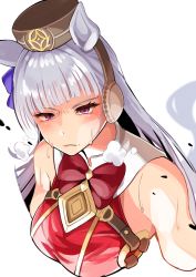 Rule 34 | 1girl, absurdres, animal ears, bare shoulders, blue bow, blush, bow, breasts, brown hat, closed mouth, cropped torso, dress, ear covers, etyaduke, eyebrows hidden by hair, gold ship (umamusume), grey hair, hair bow, hat, highres, horse ears, huge filesize, large breasts, long hair, mini hat, o-ring, purple eyes, red bow, red dress, simple background, sleeveless, sleeveless dress, solo, sweat, umamusume, upper body, very long hair, white background