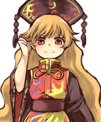 Rule 34 | 1girl, bad id, bad twitter id, black dress, blonde hair, chinese clothes, dress, hat, highres, junko (touhou), long hair, looking at viewer, looking down, playing with own hair, red eyes, sasa kichi, sash, simple background, smile, solo, touhou, upper body, wavy hair, white background, wide sleeves
