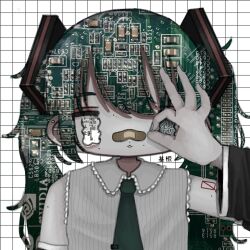 Rule 34 | 1girl, :3, alternate eye color, bags under eyes, bandaid, bandaid on face, bandaid on nose, barbell piercing, black sleeves, circuit board, collared shirt, commentary, detached sleeves, ear piercing, english commentary, green necktie, grey shirt, grid background, hand up, hatsune miku, heterochromia, highres, imo (imoknol), industrial piercing, long hair, looking at viewer, messy hair, mole, mole under eye, mole under mouth, motherboard, necktie, nvidia, ok sign, ok sign over eye, pale skin, patterned eyes, patterned hair, piercing, ribbed shirt, shirt, shoulder tattoo, sleeveless, sleeveless shirt, solo, spiked ear piercing, straight-on, tattoo, translation request, twintails, upper body, vocaloid, wavy eyes