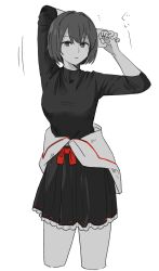 Rule 34 | 1girl, arm behind head, clothes around waist, cropped legs, frilled skirt, frills, greyscale, hair intakes, highres, hinata hibari, hyuuga (kancolle), jacket, jacket around waist, kantai collection, long sleeves, monochrome, pleated skirt, shirt, short hair, skirt, solo, spot color, stretching
