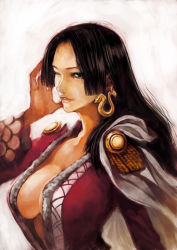 Rule 34 | 1girl, amazon lily, amazon warrior, black hair, boa hancock, breasts, cape, center opening, cleavage, earrings, epaulettes, female focus, jewelry, lack, large breasts, long hair, long sleeves, one eye closed, one piece, pirate, smile, snake, solo, white background, wink