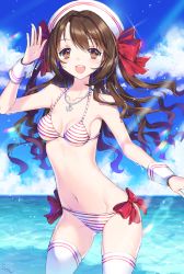 Rule 34 | 10s, 1girl, anchor, bikini, blush, breasts, brown eyes, brown hair, half updo, hat, idolmaster, idolmaster cinderella girls, jewelry, long hair, looking at viewer, natsu (759aqsw), navel, necklace, ocean, one side up, open mouth, sailor hat, shimamura uzuki, small breasts, smile, solo, standing, striped bikini, striped clothes, summer, swimsuit, thighhighs, white thighhighs