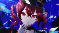 Rule 34 | 1girl, @ @, black choker, black hat, choker, closed mouth, commentary, crossed bangs, hair between eyes, hand on own chin, hat, highres, kasane teto, kasane teto (sv), portrait, rain, red eyes, red hair, red nails, rokurororo2511, solo, synthesizer v, twintails