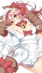Rule 34 | 1girl, :3, animal ears, animal hands, apron, apron pull, bare shoulders, bell, blush, bow, breasts, cat hair ornament, cat paws, cleavage, clothes pull, collar, eyebrows, fang, fate/grand order, fate (series), fox ears, fox tail, frills, gloves, hair between eyes, hair bow, hair ornament, highres, large breasts, long hair, maid headdress, naked apron, nebusoku, neck bell, paw gloves, paw shoes, pink hair, ponytail, red bow, sash, shoes, sidelocks, signature, simple background, smile, solo, tail, tamamo (fate), tamamo cat (fate), tamamo cat (third ascension) (fate), tamamo no mae (fate/extra), thighhighs, thighs, white background, white thighhighs, yellow eyes