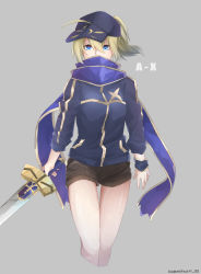 Rule 34 | 1girl, absurdres, ahoge, artoria pendragon (fate), bare legs, baseball cap, blonde hair, blue eyes, blue jacket, fate/grand order, fate (series), grey background, hat, highres, holding, holding sword, holding weapon, jacket, kogeta kaori, looking at viewer, mysterious heroine x (fate), saber (fate), scarf, shorts, solo, sword, track jacket, twitter username, weapon