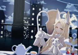 Rule 34 | 1girl, absurdres, animal ears, bird, blonde hair, blue archive, cruciform halo, cup, dress, food, forehead, fox ears, fruit, halo, highres, long hair, looking at viewer, macaron, necktie, night, parted bangs, pastry, seia (blue archive), short necktie, sleeveless, sleeveless dress, sleeves past fingers, sleeves past wrists, smile, solo, strawberry, tea, teacup, teapot, tiered tray, user yfuj4223, very long hair, white bird, white dress, yellow eyes