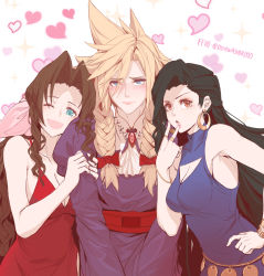 Rule 34 | 1boy, 2girls, aerith gainsborough, armpits, bare shoulders, black hair, blonde hair, blue dress, blue eyes, blush, bow, braid, breasts, brown eyes, brown hair, cleavage, cleavage cutout, closed mouth, clothing cutout, cloud strife, crossdressing, dishwasher1910, dress, earrings, final fantasy, final fantasy vii, finger to mouth, girl sandwich, green eyes, hair ribbon, hand on own hip, heart, holding person, jewelry, large breasts, long hair, looking at viewer, multiple girls, one eye closed, open mouth, pink bow, red dress, ribbon, ring, sandwiched, spiked hair, tifa lockhart, twin braids, v, very long hair, wall market