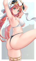 Rule 34 | 1girl, artist request, ass, bad id, bad pixiv id, bare shoulders, bikini, black bikini, blush, breasts, genshin impact, green eyes, highres, horns, long hair, looking at viewer, low twintails, medium breasts, nilou (genshin impact), red hair, shiny skin, sideboob, smile, solo, swimsuit, thighlet, thighs, thong, thong bikini, twintails, very long hair