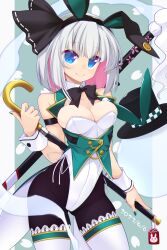 Rule 34 | 1girl, animal ears, black hairband, black headwear, black pantyhose, blue eyes, breasts, cane, cleavage, closed mouth, colored inner hair, commentary request, cowboy shot, dated, ghost, green background, green vest, grey hair, hairband, hat, highres, holding, holding cane, konpaku youmu, konpaku youmu (ghost), large breasts, leotard, muchin jousha, multicolored hair, pantyhose, pink hair, playboy bunny, rabbit ears, sheath, short hair, simple background, solo, sword, sword behind back, thighhighs, top hat, touhou, vest, weapon, white leotard, white thighhighs, wrist cuffs, youmu day