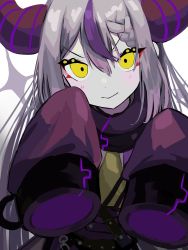 Rule 34 | &gt;:), 1girl, ahute, bad id, bad pixiv id, belt, blush, chain, collar, cuffs, grey hair, hands up, highres, hololive, horns, la+ darknesss, long hair, looking at viewer, metal collar, multicolored hair, purple hair, sleeves past fingers, sleeves past wrists, smile, sparkle, streaked hair, striped horns, two-tone hair, v-shaped eyebrows, virtual youtuber, yellow eyes