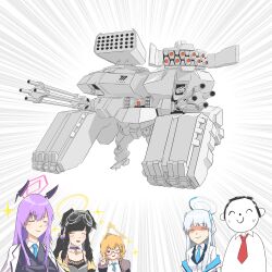 Rule 34 | 1boy, 4girls, absurdres, armored core, armored core 6, blue archive, crossover, gatling gun, halo, hibiki (blue archive), highres, kotori (blue archive), mecha, military vehicle, missile, motor vehicle, multiple girls, noa (blue archive), robot, sensei (blue archive), sparkle, tank, utaha (blue archive)