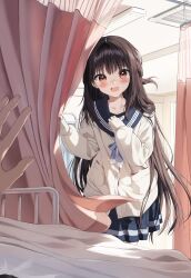 Rule 34 | 1boy, 1girl, bed, black hair, black sailor collar, black skirt, blue bow, blush, bow, brown eyes, cardigan, collarbone, commentary request, curtains, highres, indoors, long hair, long sleeves, looking at viewer, open mouth, original, osana naruka, pentagon (railgun ky1206), pleated skirt, puffy long sleeves, puffy sleeves, sailor collar, school uniform, serafuku, skirt, sleeves past wrists, solo focus, sweat, very long hair, white cardigan