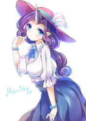 Rule 34 | 1girl, :o, blue eyes, blue gemstone, bracelet, breasts, brooch, character name, colored eyelashes, curly hair, diamond (gemstone), emia wang, eyeshadow, finger to mouth, frills, gem, hat, horns, jewelry, large breasts, leaning forward, long hair, long sleeves, looking at viewer, lots of jewelry, makeup, my little pony, my little pony: friendship is magic, outstretched arm, parted lips, personification, pointy ears, purple hair, rarity (my little pony), shirt, sidelocks, simple background, single horn, solo, tsurime, white background, white shirt, widow&#039;s peak