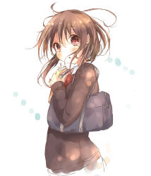 Rule 34 | 1girl, bad id, bad pixiv id, bag, blush, book, hugging book, brown eyes, brown hair, from side, holding, holding book, kuma (happylocation), long sleeves, looking at viewer, looking to the side, hugging object, original, school bag, school uniform, shoulder bag, simple background, sleeves past wrists, solo, white background