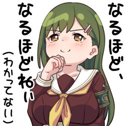 Rule 34 | 1girl, arm under breasts, armband, breasts, brown dress, brown eyes, closed mouth, collarbone, commentary, dot nose, dress, green armband, green hair, hand on own chin, hasu no sora school uniform, i understand everything now (meme), large breasts, link! like! love live!, long hair, long sleeves, looking up, love live!, meme, neckerchief, oogami sachi, outline, sailor collar, sailor dress, school uniform, smile, solo, split mouth, straight hair, swept bangs, translation request, transparent background, v-shaped eyebrows, white outline, white sailor collar, winter uniform, yellow neckerchief, zinzen