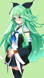 Rule 34 | 10s, 1girl, black thighhighs, blue eyes, blue neckerchief, blush, choker, commentary request, detached sleeves, green background, green hair, hair between eyes, hair ornament, hair ribbon, hairclip, highres, interlocked fingers, kantai collection, long hair, neckerchief, parted lips, ribbon, ryuuki (hydrangea), sailor collar, solo, thighhighs, twitter username, very long hair, wide sleeves, yamakaze (kancolle), zettai ryouiki
