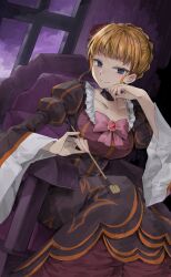 Rule 34 | 1girl, beatrice (umineko), black dress, blonde hair, blue eyes, blunt bangs, bow, braid, breasts, brooch, chair, choker, collarbone, colored eyelashes, commentary request, crown braid, dress, dress bow, dutch angle, feet out of frame, flower, frilled choker, frilled dress, frills, gem, ghkdakrh1129, hair flower, hair ornament, hand on own cheek, hand on own face, highres, holding, holding smoking pipe, indoors, jewelry, kiseru, korean commentary, large breasts, layered dress, long sleeves, looking at viewer, on chair, pink bow, pinky out, puffy sleeves, red flower, red gemstone, red rose, rose, short hair, sidelocks, sitting, smile, smoking pipe, solo, umineko no naku koro ni, wide sleeves, window
