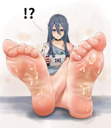 Rule 34 | !?, 1girl, barefoot, black hair, citrusted, cum, cum on body, cum on feet, exia (nikke), feet, foot focus, goddess of victory: nikke, highres, long hair, looking at viewer, purple eyes, soles, steam, toes