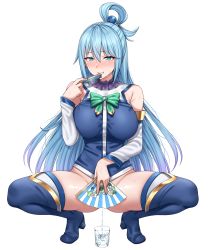 Rule 34 | 1girl, absurdres, aqua (konosuba), bare shoulders, blue eyes, blue hair, blush, boots, bottomless, breasts, clenched teeth, covering privates, covering crotch, cup, detached sleeves, hair ornament, hair rings, hand fan, highres, kono subarashii sekai ni shukufuku wo!, large breasts, long hair, looking at viewer, pee, pee in container, peeing, peeing in cup, simple background, smile, solo, split, squatting, tears, teeth, thigh boots, thighhighs, thighs, very long hair, yakimi 27
