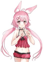 Rule 34 | 1girl, ahoge, animal ear fluff, animal ears, arms up, blush, rabbit ears, camisole, choker, hair ornament, hairclip, heart, heart hands, long hair, low twintails, navel, pink eyes, pink hair, red camisole, red shorts, short shorts, shorts, simple background, smile, solo, tomari mari, tomari mari channel, twintails, underwear, underwear only, virtual youtuber, white background