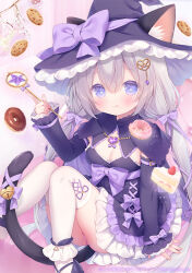 Rule 34 | 1girl, :q, animal ear fluff, animal ears, bell, blush, bow, breasts, cake, cape, cat ears, cat tail, commentary, cookie, copyright name, detached sleeves, doughnut, dress, food, grey background, hair between eyes, hair bow, hair ornament, hair ribbon, hand on ground, hat, hat bow, holding, holding wand, jewelry, jingle bell, long hair, looking at viewer, low twintails, medium breasts, necklace, original, panties, panty peek, pink panties, purple bow, purple cape, purple dress, purple eyes, purple hat, purple ribbon, ribbon, sitting, solo, star-shaped pupils, star (symbol), symbol-only commentary, symbol-shaped pupils, tail, tail ornament, tail ribbon, thighhighs, tongue, tongue out, twintails, underwear, upskirt, usashiro mani, very long hair, wand, white thighhighs, witch hat, wrist bow