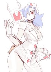 Rule 34 | 1girl, blue hair, breasts, choker, cleavage, eymbee, gloves, hat, intravenous drip, large breasts, latex, latex gloves, mouth mask, nurse cap, ponytail, skullgirls, solo, surgical mask, syringe, valentine (skullgirls)