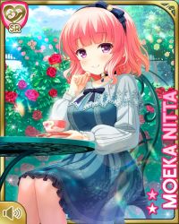 Rule 34 | 1girl, black bow, blue dress, bow, card, character name, choker, closed mouth, day, dress, flower, frilled dress, frills, garden, girlfriend (kari), hair bow, looking at viewer, nitta moeka, official art, outdoors, pink hair, purple eyes, qp:flapper, red flower, red rose, rose, short hair, sitting, smile, tagme