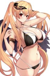 Rule 34 | 1girl, absurdres, armlet, bare shoulders, bikini, black wings, blonde hair, blush, breasts, cleavage, collarbone, fallen angel, feathered wings, groin, hand in own hair, highres, horns, large breasts, long hair, looking at viewer, mole, mole on breast, multi-strapped bikini, navel, original, red eyes, simple background, skirt, solo, swimsuit, thighs, twintails, untue, very long hair, wet, wings