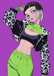 Rule 34 | 1girl, absurdres, animal print, arm up, black hair, black sports bra, character request, cowboy shot, cropped jacket, girl crush, green pants, grey eyes, halftone, highres, leopard print, midriff, multicolored hair, pants, purple background, simple background, solo, sports bra, tayama midori, two-tone hair, white hair