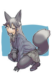 1girl absurdres animal_ears arairestaurant black_bow black_bowtie black_footwear black_fur black_hair black_pantyhose black_skirt blue_jacket boots bow bowtie collared_shirt extra_ears fox_ears fox_girl fox_tail fur_trim grey_hair hair_between_eyes highres jacket kemono_friends long_hair long_sleeves looking_at_viewer multicolored_hair orange_eyes pantyhose pleated_skirt shirt sidelocks silver_fox_(kemono_friends) skirt solo squatting tail