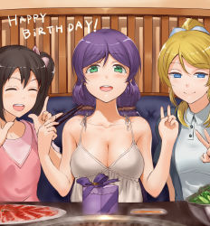 Rule 34 | 10s, 3girls, ^ ^, ayase eli, bare shoulders, bench, black hair, black jacket, blonde hair, blue eyes, blush, bow, bowl, box, breasts, buttons, chopsticks, cleavage, closed eyes, closed mouth, collarbone, collared shirt, double m/, dress, english text, eyebrows, food, gift, gift box, green eyes, hair bow, hair ornament, hair scrunchie, hand gesture, happy birthday, holding, indoors, jacket, jyon, large breasts, long hair, looking at viewer, love live!, love live! school idol project, low twintails, m/, meat, multiple girls, open clothes, open jacket, open mouth, pink bow, pink shirt, ponytail, purple hair, restaurant, round teeth, salad, scrunchie, shirt, short sleeves, side ponytail, sitting, sleeveless, sleeveless dress, smile, solo focus, spaghetti strap, steam, sundress, teeth, text focus, tojo nozomi, twintails, v, white dress, white shirt, wing collar, yazawa nico
