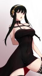 Rule 34 | 1girl, absurdres, arms behind back, black dress, black hair, breasts, dress, highres, large breasts, looking at viewer, red eyes, spy x family, tattorin, thighs, yor briar