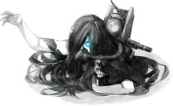 Rule 34 | 10s, 1girl, abyssal ship, akira (kadokawa), black hair, blue eyes, carrying, colored skin, hair over one eye, ka-class submarine, kantai collection, long hair, official art, outstretched arm, oxygen mask, partially submerged, solo, transparent background, turret, very long hair, white skin