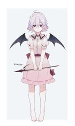 Rule 34 | 1girl, ahoge, barefoot, bat wings, bow, character name, collared shirt, commentary, full body, hair between eyes, highres, holding, holding polearm, holding weapon, light frown, looking at viewer, no headwear, no headwear, o (crazyoton46), pink shirt, pink skirt, polearm, puffy short sleeves, puffy sleeves, purple hair, red bow, red eyes, remilia scarlet, shirt, short hair, short sleeves, simple background, skirt, solo, spear the gungnir, split mouth, standing, touhou, translated, weapon, wings