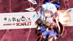 Rule 34 | 1girl, alternate breast size, bare shoulders, black thighhighs, blue hair, bow, breasts, cirno, cosplay, detached sleeves, fang, fingernails, flandre scarlet, flandre scarlet (cosplay), hair bow, large breasts, long fingernails, open mouth, red eyes, short hair, solo, thighhighs, touhou, wings, yurume atsushi