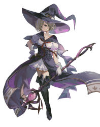 Rule 34 | 1girl, absurdres, aco gbfg, black footwear, blonde hair, blouse, boots, breasts, commentary, djeeta (granblue fantasy), full body, gloves, granblue fantasy, hand on own hip, hat, highres, holding, holding staff, looking at viewer, neckerchief, puffy short sleeves, puffy sleeves, purple hat, red neckerchief, sash, shirt, short hair, short sleeves, small breasts, solo, staff, thigh boots, thighhighs, waist cape, warlock (granblue fantasy), white gloves, white shirt, witch hat, yellow eyes