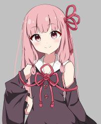 Rule 34 | 1girl, absurdres, blush, closed mouth, detached sleeves, grey background, hair ornament, hair ribbon, hand on own hip, harukasu (mememememo), highres, kotonoha akane, long hair, looking at viewer, pink eyes, pink hair, red ribbon, ribbon, sidelocks, simple background, smile, solo, voiceroid