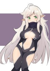 Rule 34 | 1girl, absurdres, ahoge, blonde hair, blush, breast cutout, breasts, dungeon and fighter, elf, green eyes, highres, large breasts, long hair, looking at viewer, navel, pointy ears, smile, solo, very long hair, wweed
