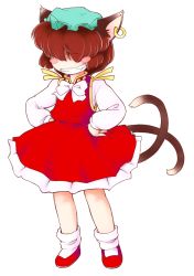 Rule 34 | 1girl, animal ears, blush stickers, bow, brown hair, cat ears, cat girl, cat tail, chen, earrings, fangs, female focus, grin, hair over eyes, hands on own hips, hat, jewelry, multiple tails, short hair, single earring, smile, solo, sotto, tail, touhou