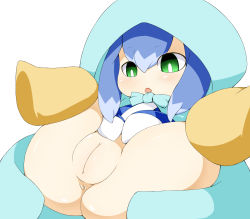 Rule 34 | 10s, 1girl, ansui (happycore), anus, blue hair, blush, cleft of venus, clitoris, eyebrows, fat mons, female focus, highres, lying, no panties, on back, open mouth, pussy, shiny skin, simple background, solo, uncensored, white background, youkai watch, yukionna (youkai watch)