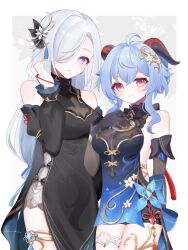 Rule 34 | 2girls, ahoge, bare shoulders, bell, black dress, black gloves, black sleeves, blue dress, blue hair, blush, breasts, cowboy shot, detached sleeves, dress, ganyu (genshin impact), ganyu (twilight blossom) (genshin impact), genshin impact, gloves, gold trim, gradient dress, hair ornament, hand on own chest, highres, horns, kino (curry pan), light smile, long hair, long sleeves, looking at viewer, medium breasts, multiple girls, neck bell, official alternate costume, official alternate hairstyle, purple eyes, shenhe (frostflower dew) (genshin impact), shenhe (genshin impact), sidelocks, thighs, very long hair, vision (genshin impact), white hair