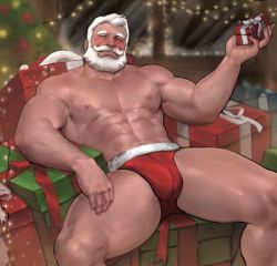 Rule 34 | 1boy, abs, absurdres, bara, beard, body hair, bulge, chest hair, dopey (dopq), facial hair, gift, highres, large pectorals, looking at viewer, male focus, male underwear, manly, muscular, nipples, original, pectorals, santa claus, santa costume, simple background, solo, thick thighs, thighs, topless male, underwear