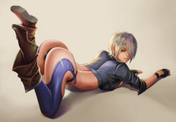 Rule 34 | 1girl, angel (kof), ass, blue eyes, boots, breast press, breasts, cameltoe, chaps, cropped jacket, dantewontdie, fingerless gloves, gloves, hair over one eye, heels, highres, jacket, large breasts, looking at viewer, no bra, open clothes, open shirt, panties, parted lips, short hair, solo, the king of fighters, thong, top-down bottom-up, underwear, white hair