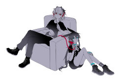 Rule 34 | 2girls, absurdres, amiya (arknights), animal ears, ankle boots, ankleband, antennae, arknights, armchair, blue eyes, boots, chair, crossed legs, demon girl, demon horns, demon tail, extra ears, fingerless gloves, food, full body, gloves, greyscale, hair between eyes, highres, holding, holding food, holding knife, horns, jewelry, knife, long hair, looking at viewer, monochrome, multiple girls, multiple rings, pants, potato, rabbit ears, rabbit girl, rabbit tail, red eyes, ring, scar, scar on arm, shirt, shoes, short hair, short sleeves, simple background, single sock, sitting, socks, spot color, t-shirt, tail, tail grab, thumb ring, w (arknights), w (fugue) (arknights), white background, yufeng kaete