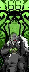 Rule 34 | 1boy, 3948 worldkm, black gloves, black necktie, chair, crossed legs, crown, curly eyebrows, formal, gloves, green eyes, green hair, headphones, highres, holding, king (vocaloid), looking at viewer, necktie, on chair, one piece, open mouth, parody, short hair, sitting, smile, solo, teeth, tongue, tongue out, vinsmoke yonji