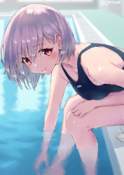 Rule 34 | 1girl, blue one-piece swimsuit, breasts, closed mouth, commentary request, competition swimsuit, gridman universe, hair between eyes, highres, jonsun, legs, light purple hair, looking at viewer, medium breasts, one-piece swimsuit, partially submerged, pool, red eyes, shinjou akane, short hair, sitting, smile, solo, ssss.gridman, swimsuit, twitter username, water