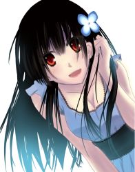 Rule 34 | 10s, 1girl, bad id, bad pixiv id, bare shoulders, black hair, blush, breasts, cleavage, dress, dutch angle, flower, hair flower, hair ornament, hydrangea, long hair, looking at viewer, medium breasts, open mouth, rea, rea (atasito), red eyes, sanka rea, sankarea, simple background, smile, solo, zombie