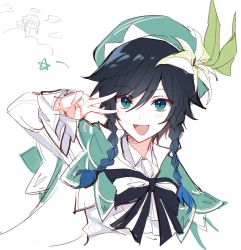 Rule 34 | 1boy, androgynous, beret, black hair, blue hair, blush, boo 1, bow, braid, cape, collared cape, collared shirt, flower, frilled sleeves, frills, genshin impact, gradient hair, green eyes, green hat, halo, hat, hat flower, highres, leaf, long sleeves, looking at viewer, male focus, multicolored hair, nameless bard (genshin impact), open mouth, shirt, short hair with long locks, simple background, sketch, smile, solo, solo focus, star (symbol), twin braids, v over eye, venti (genshin impact), white background, white flower, white shirt