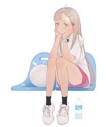 Rule 34 | 1girl, :/, absurdres, ankle socks, ball, bandaid, bandaid on knee, bandaid on leg, black socks, bottle, brown eyes, brown hair, elbow rest, full body, hair ornament, hairclip, hands on own cheeks, hands on own face, highres, long hair, on chair, original, peter pan (adtc7243), pink shorts, pocari sweat, shirt, shoes, short sleeves, shorts, sitting, sneakers, socks, solo, t-shirt, very long hair, volleyball, volleyball (object), watch, water bottle, white background, white footwear, white shirt, wristwatch