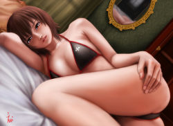 Rule 34 | 10s, 1girl, adapted costume, arm pillow, bare arms, bare shoulders, bedroom, bikini, black bikini, brown eyes, brown hair, closet, collarbone, curtains, dutch angle, ebi (eeotoko), eyelashes, fingernails, girls und panzer, hand on own thigh, highres, indoors, lips, looking at viewer, lying, matching hair/eyes, mirror, nishizumi maho, on side, parted lips, pillow, print bikini, reflection, short hair, signature, solo, string bikini, swimsuit